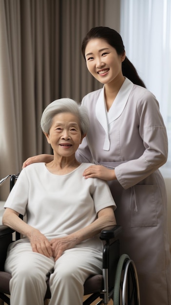 Photo senior patient receiving care from caregiver at home