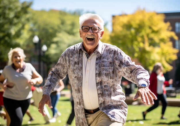 Photo senior people doing physical exercise outdoors in a park healthy life time ai generated