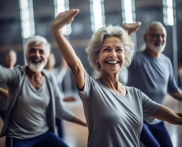 senior people doing yoga in a gym