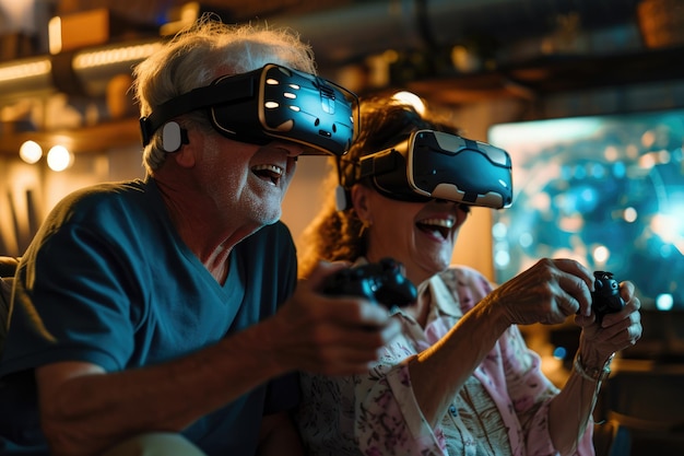 пожилые люди играют в VR-игры в гостиной прагма