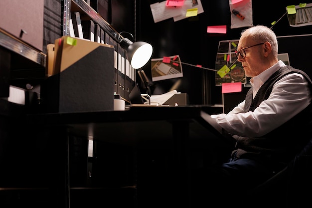 Senior police officer analyzing federal documents, working overtime at criminal case in arhive room. Elderly private detective analyzing mysterious suspect report, checking victim files