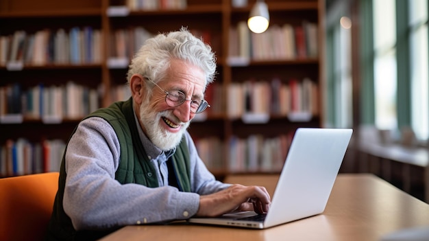 Senior professor zit in de universiteitsbibliotheek met een laptop en bereidt zich voor op een lezing
