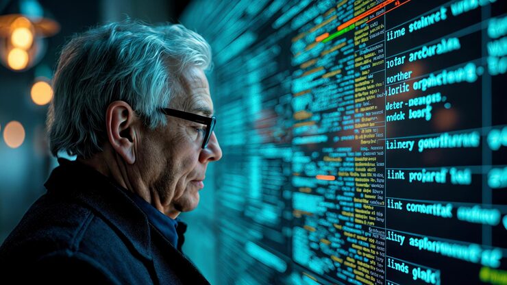 Photo senior programmer analyzing code on digital screen with programming languages representing experienced software developer coding expertise and technology innovation in modern workplace