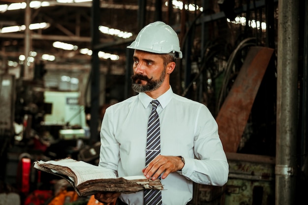 Foto senior project manager che lavora in una fabbrica industriale