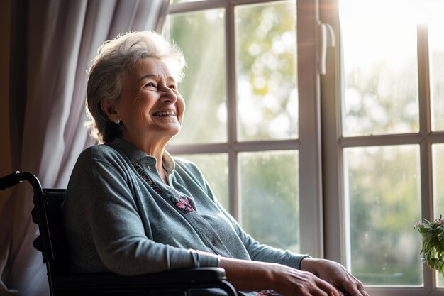 a senior retired woman at home sitting in a wheelchair looking out of a window on a sunny day