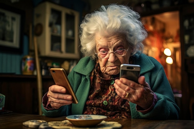 Senior retiree woman living independently using a smartphone Generative Ai