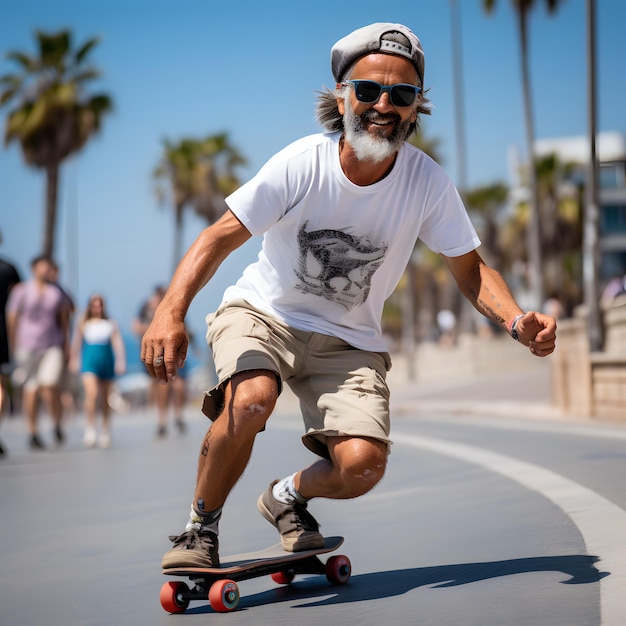 Photo senior skater performing freestyle tricks on a coastal boardwalk