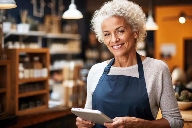 Senior small business owner managing shop inventory