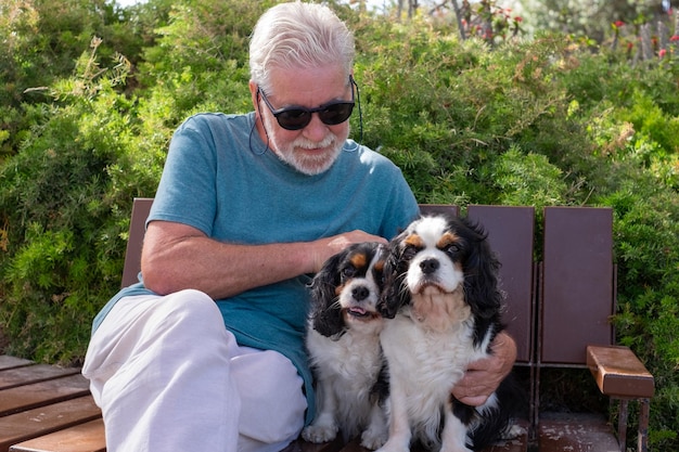 Senior smiling man sitting on a bench in the park with his two cavalier king charles dogs