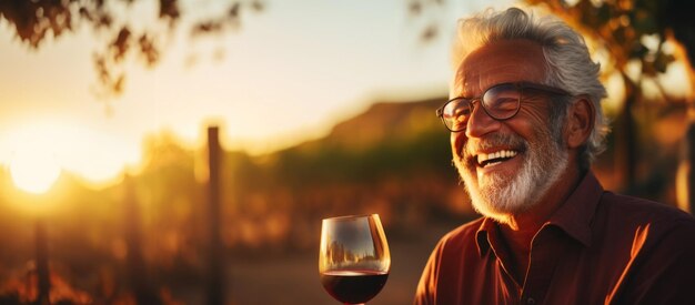 Senior smiling man with a glass of wine blurred backdrop of vineyard on a sunset Generative AI