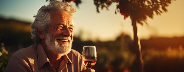 Senior smiling man with a glass of wine blurred backdrop of vineyard on a sunset Generative AI