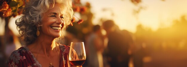 Senior smiling woman with a glass of wine blurred backdrop of vineyard on a sunset Generative AI