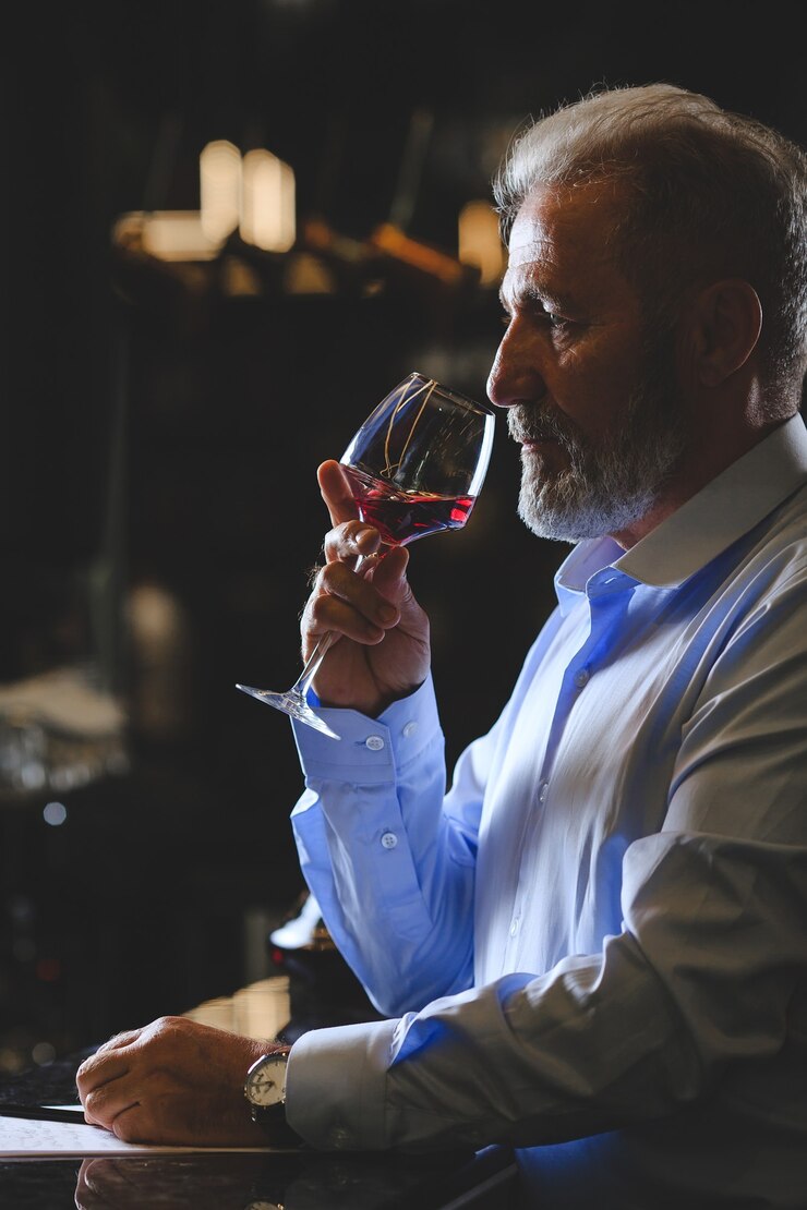 Photo a senior sommelier is tasting red wine.