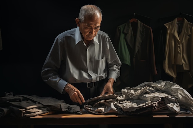 Senior tailor with focus and precision evaluates materials on his workbench surrounded by garments