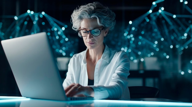 Foto donna senior della tecnologia che lavora al portatile nella sala server