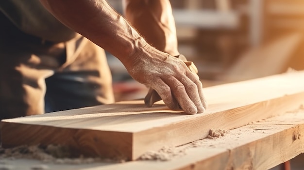 Senior timmerman ambachtsman handen dichtbij houtsnijwerk