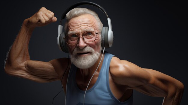Foto senior volwassene in mouwloos t-shirt die zijn spieren laat zien terwijl hij naar muziek luistert met een koptelefoon