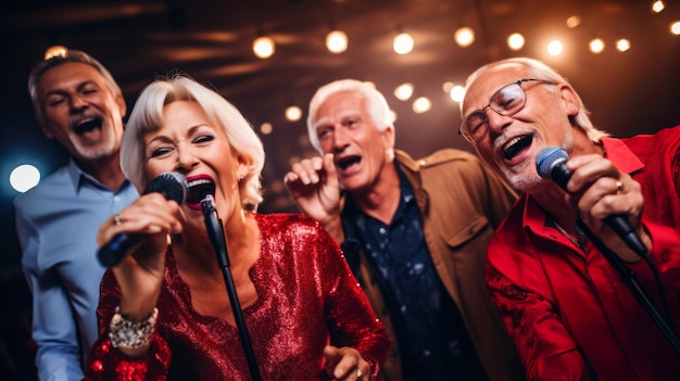 Foto senior vriendengroep zingen karaoke leuke pensioenverjaardagsactiviteit