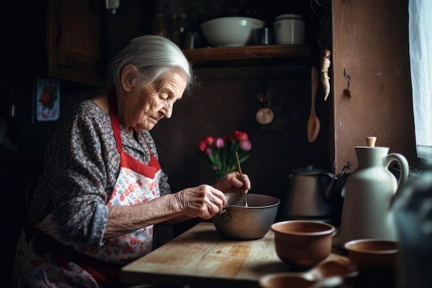 Senior vrouw die een pot koffie of thee maakt in haar keuken gemaakt met generatieve ai