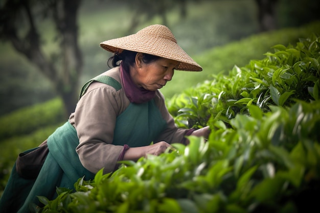 Senior vrouw die theeblaadjes plukt bij thee Generatieve AI