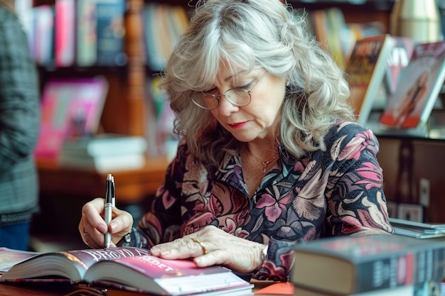 Senior vrouw die zich concentreert op het schrijven van aantekeningen in een boek in de bibliotheek met boekenplanken op de achtergrond