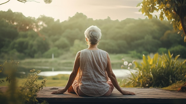 Senior vrouw doet yoga met de groene natuur bij zonsondergang Gezonde levensstijl en sport op pensioen