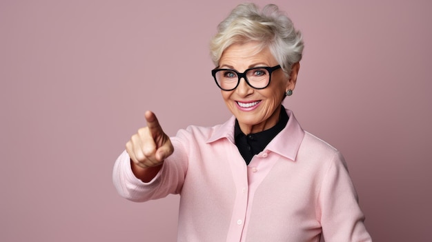 Senior vrouw, gekleed in vrijetijdskleding, wijzend met hand en vinger naar de zijkant, kijkend naar de camera