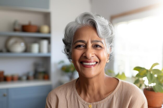 senior vrouw gelukkige uitdrukking bij nieuw huis ai gegenereerd