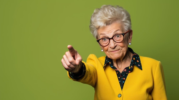 Senior vrouw in casual kleding die met de hand en vinger naar de zijkant wijst en naar de camera kijkt