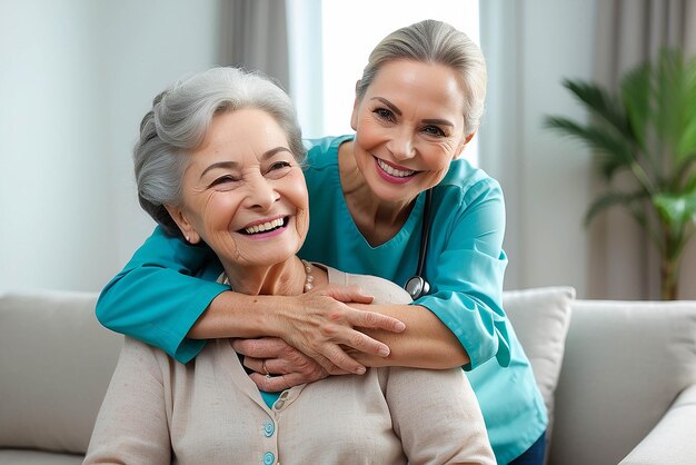 Senior vrouw knuffel of medische verzorger in huis woonkamer in comfort vertrouwen steun of veiligheid band glimlachen gelukkig of lachen verpleeghuis pensioen ouderen en gezondheidszorg Braziliaanse verpleegster of hulp