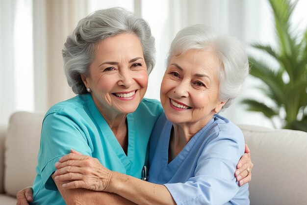 Senior vrouw knuffel of medische verzorger in huis woonkamer in comfort vertrouwen steun of veiligheid band glimlachen gelukkig of lachen verpleeghuis pensioen ouderen en gezondheidszorg Braziliaanse verpleegster of hulp