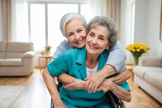 Senior vrouw knuffel of medische verzorger in huis woonkamer in comfort vertrouwen steun of veiligheid band glimlachen gelukkig of lachen verpleeghuis pensioen ouderen en gezondheidszorg Braziliaanse verpleegster of hulp