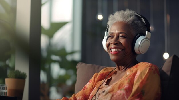 Senior vrouw luistert naar muziek met een koptelefoon op vakantie op zonnige strandvakantie of pensioen