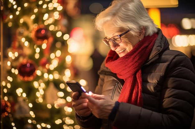 Senior vrouw met behulp van mobiele telefoon op de kerstmarkt