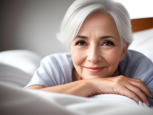 Foto senior vrouw met grijs haar zit en glimlacht in bed thuis portret close-up generatieve ai