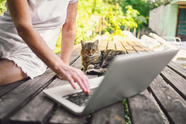 Senior vrouw met kat die op laptop werkt