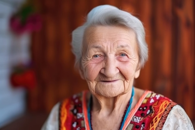 Senior vrouw portret en glimlach voor bejaarde gepensioneerde gemaakt met generatieve ai