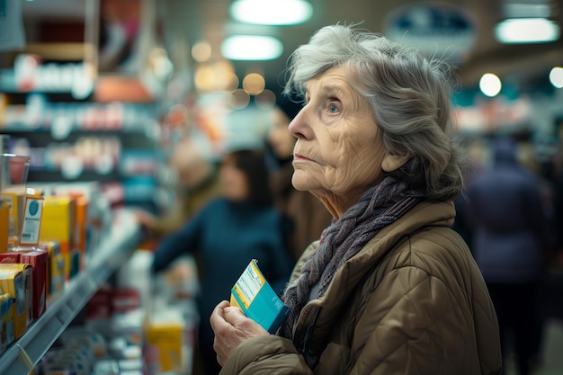 Senior vrouw staat in een apotheek haar gerimpelde handen