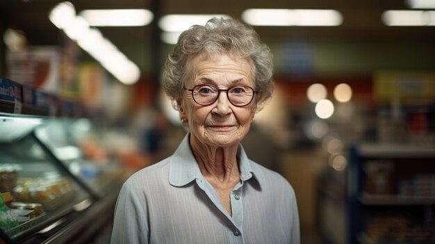 Senior vrouw stond in een supermarkt op een onscherpe achtergrond