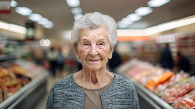 Senior vrouw stond in een supermarkt op een onscherpe achtergrond