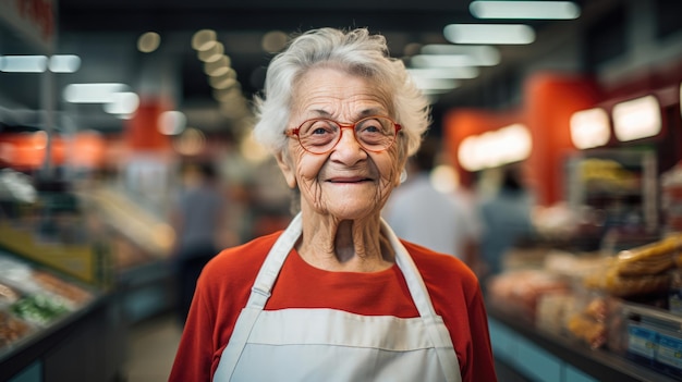 Senior vrouw stond in een supermarkt op een onscherpe achtergrond