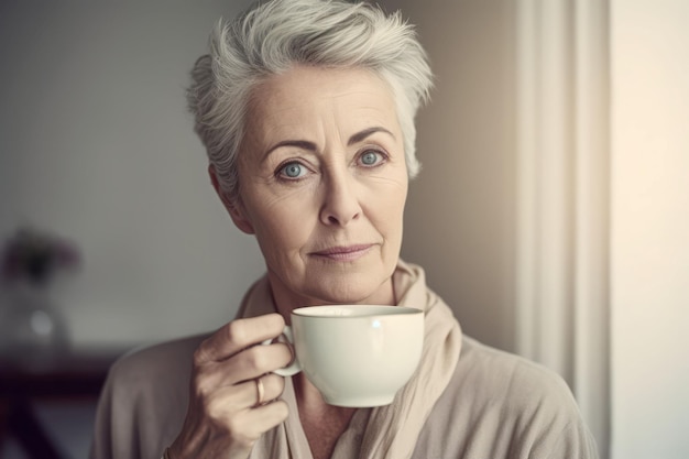 Senior vrouw thuis koffie drinken Mooi portret Genereer Ai