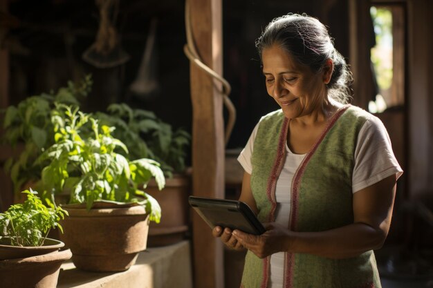 Senior vrouwelijke boer die digitale tablettechnologie gebruikt voor plantmonitoring in de kas