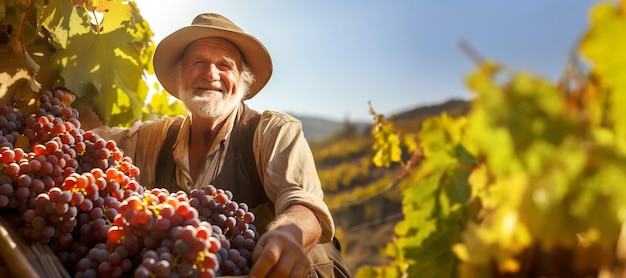 Senior winemaker harvesting grapes in a vineyard on a sunny day Generative AI illustration