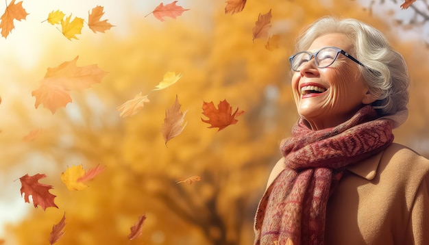 가을 공원에서 잎을 회전시키는 가을의 고령 여성