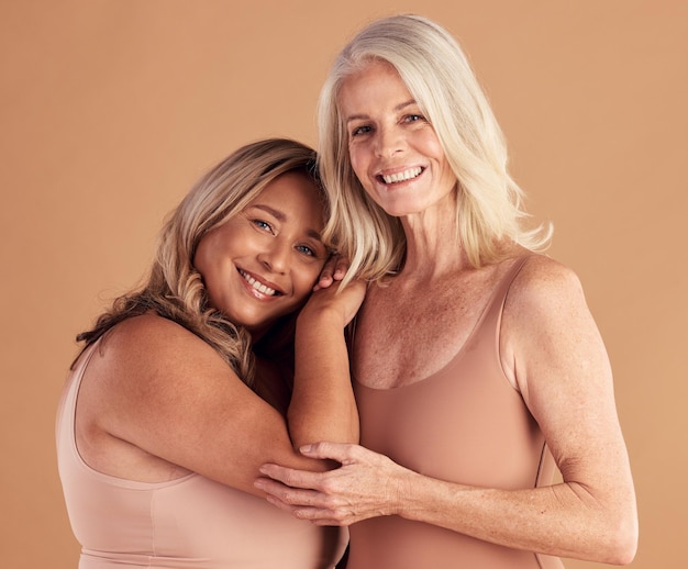 senior woman beauty and body positive underwear models for body care equality empowerment or wellness inclusivity in brown studio plus size happiness elderly people and health skincare motivation