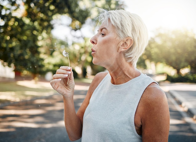 Senior woman blowing dandelion flower outdoors for freedom hope and spring allergies environment Elderly retirement lady holding plant for wellness healthy lifestyle and pollen allergy in nature