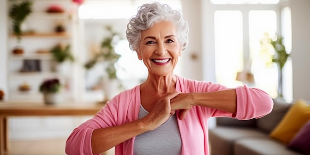 Foto donna anziana che fa allenamento di riscaldamento a casa donna fitness che fa esercizi di stretching donna anziano che vive uno stile di vita attivo