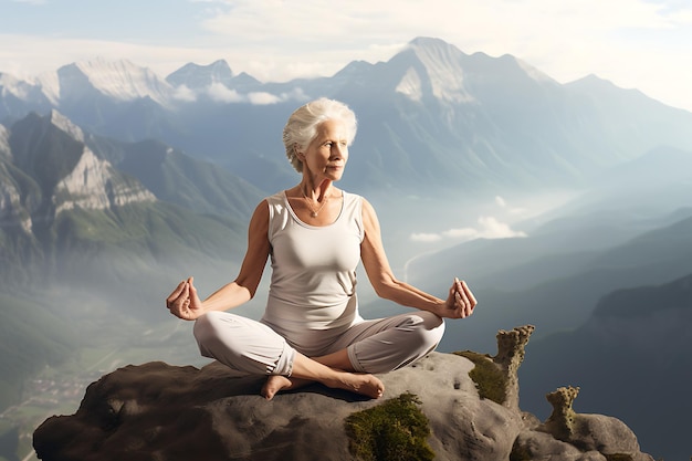 Senior woman doing yoga exercises with mountains behind
