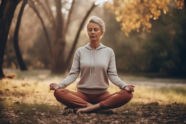 Senior woman doing yoga outdoors in the park